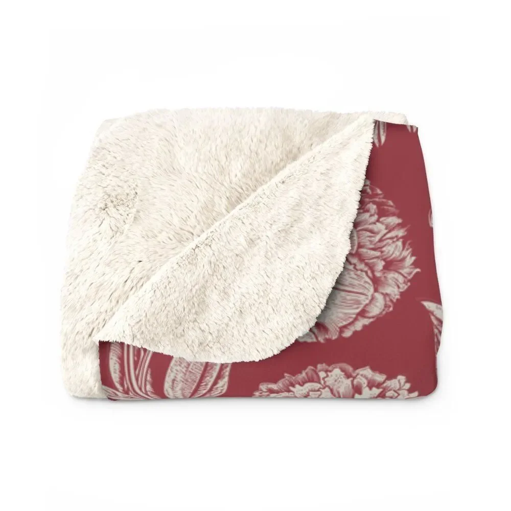 NWT Porter Anna- Crimson & Cream Sherpa Blanket in Peony